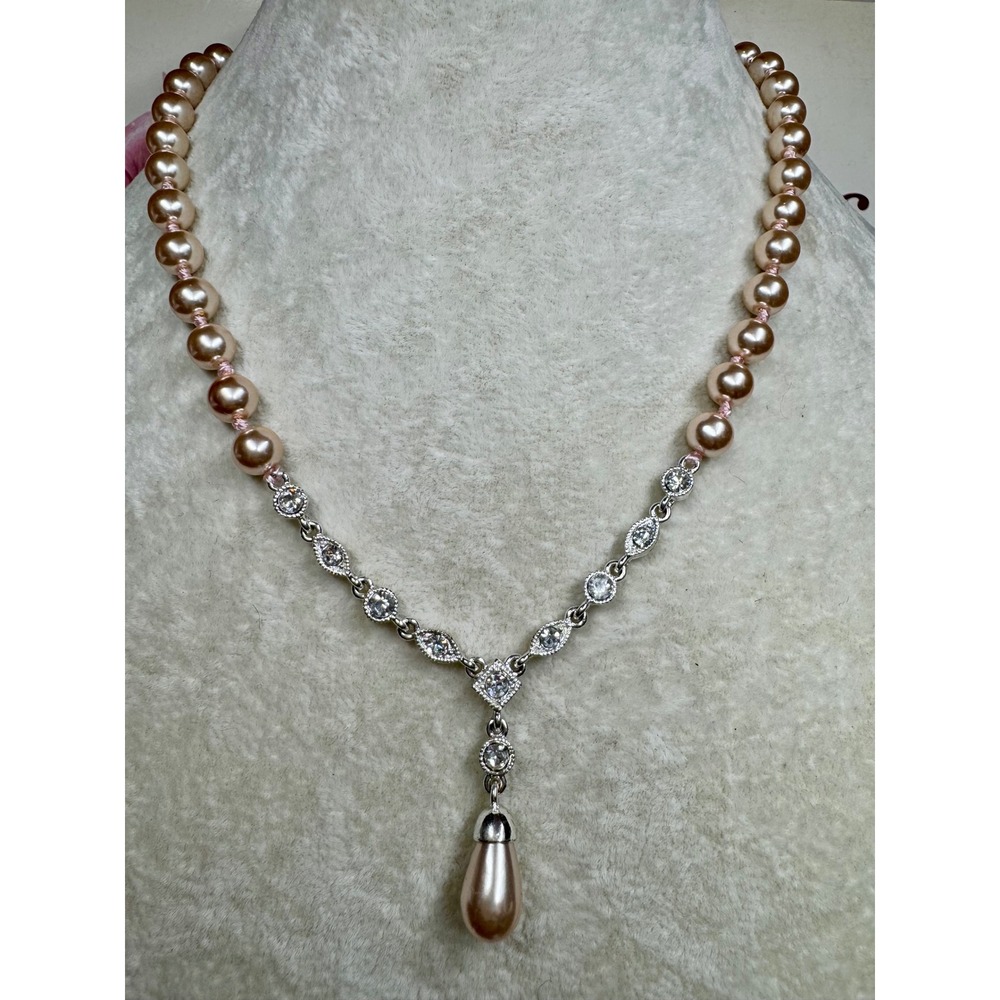 Trifari Pearlessence Pink Champagne Faux Pearl Rhinestone Y-Drop Necklace NWT